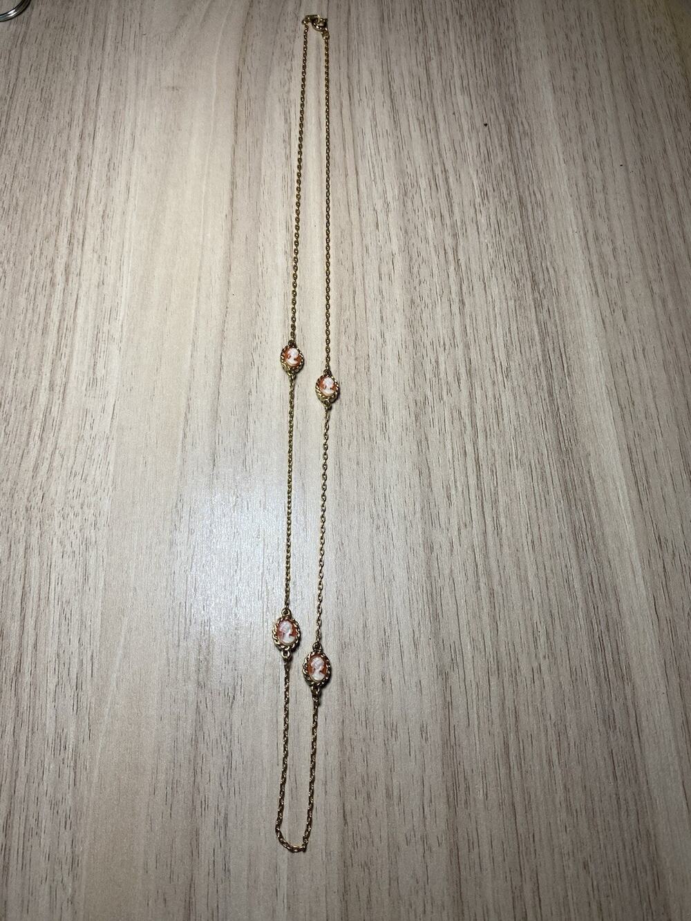 Vintage Gold Tone Chain Necklace with 4 Small Hand Carved Shell Cameo Peach